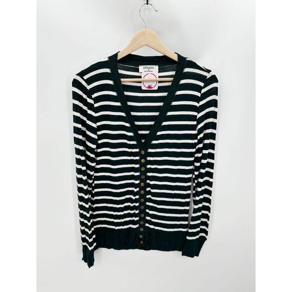 Zenana Green White Striped Button Down V Neck Cardigan Top Womens Small NWT